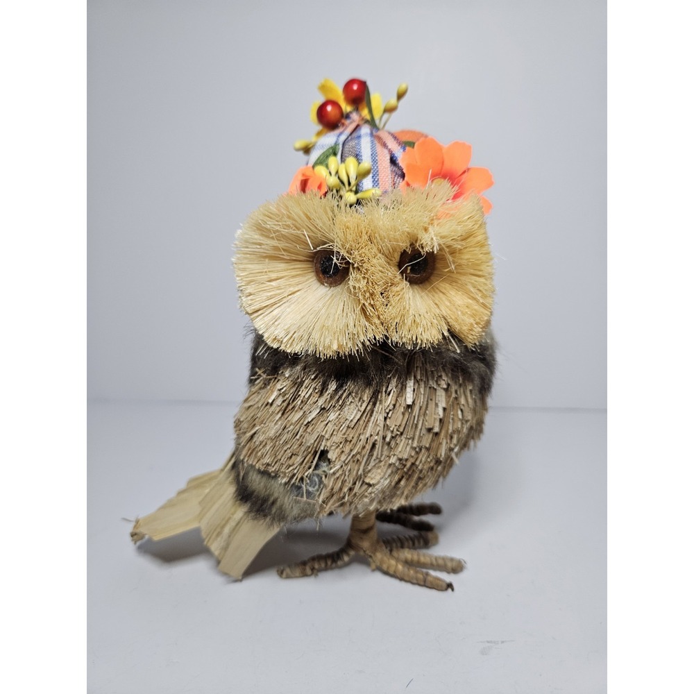 Autumn Sisal Straw Owl Figurine Plaid Hat Flowers Fall Harvest Table Decor 7.25"